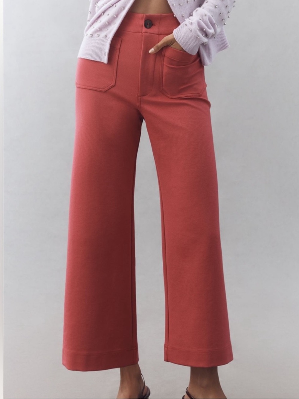 Maeve Colette Rose Pink Knit High-Rise Wide Cropped Pants 23 - Picture 1 of 6